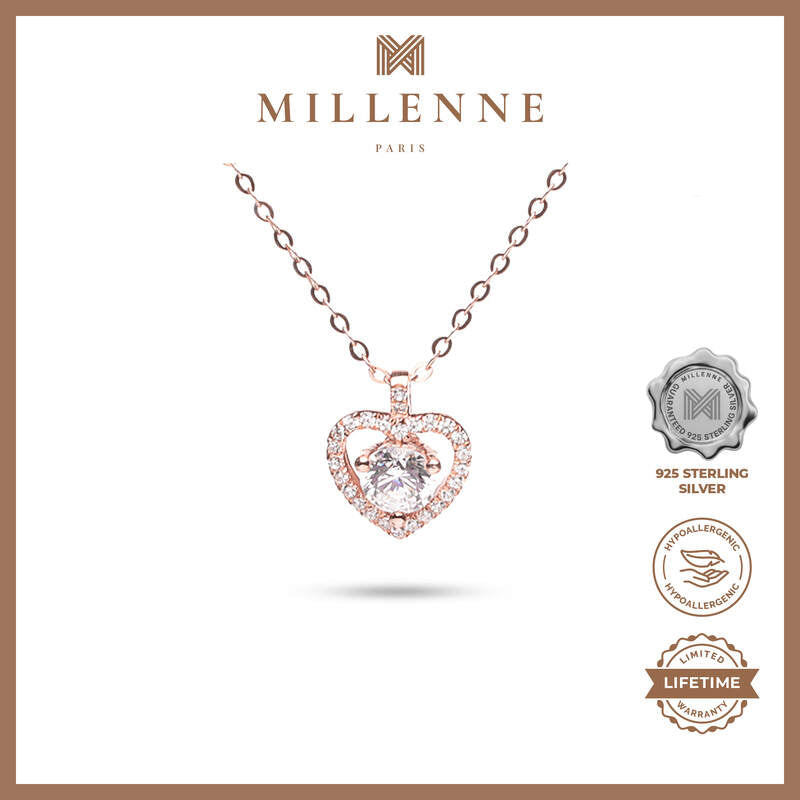 MILLENNE Made For The Night Heart Studded Cubic Zirconia Rose Gold Necklace with 925 Sterling Silver