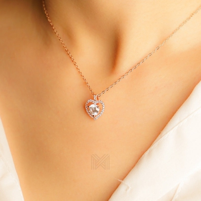 MILLENNE Made For The Night Heart Studded Cubic Zirconia Rose Gold Necklace with 925 Sterling Silver