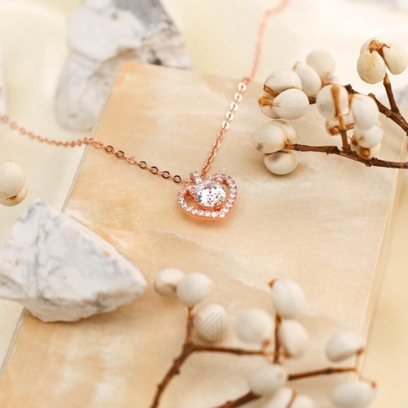 MILLENNE Made For The Night Heart Studded Cubic Zirconia Rose Gold Necklace with 925 Sterling Silver