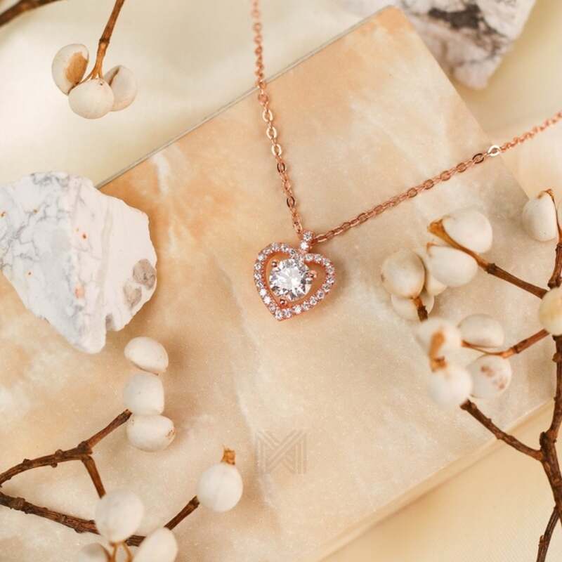 MILLENNE Made For The Night Heart Studded Cubic Zirconia Rose Gold Necklace with 925 Sterling Silver