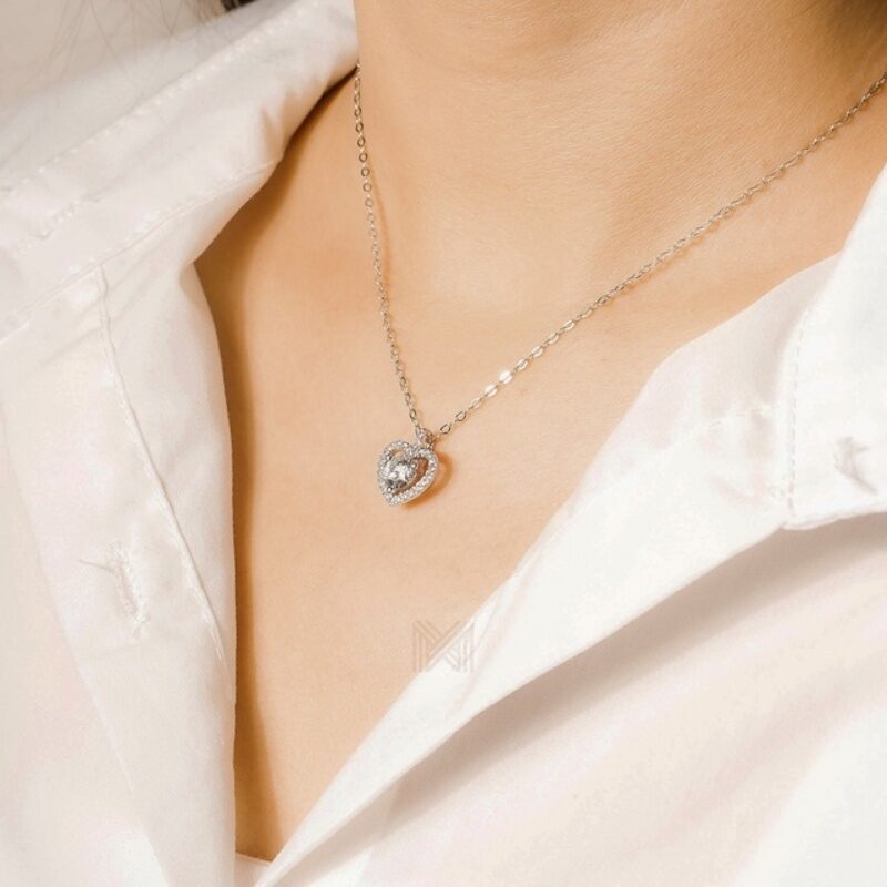 MILLENNE Made For The Night Heart Studded Cubic Zirconia White Gold Necklace with 925 Sterling Silver