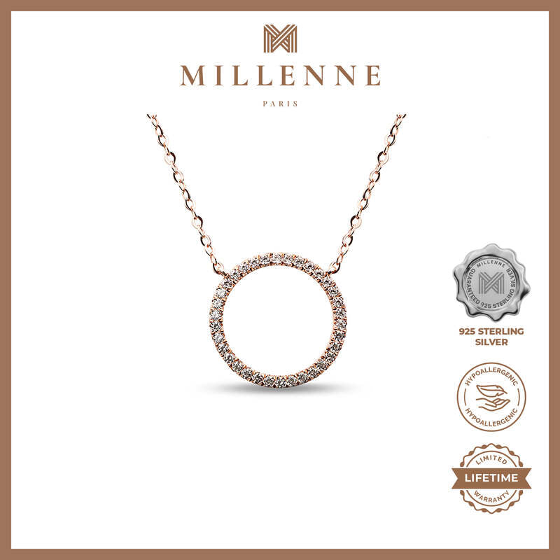 MILLENNE Minimal Circle Studded Cubic Zirconia Rose Gold Necklace with 925 Sterling Silver