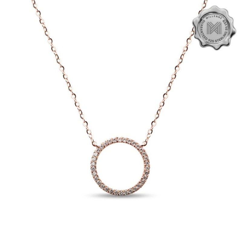 MILLENNE Minimal Circle Studded Cubic Zirconia Rose Gold Necklace with 925 Sterling Silver