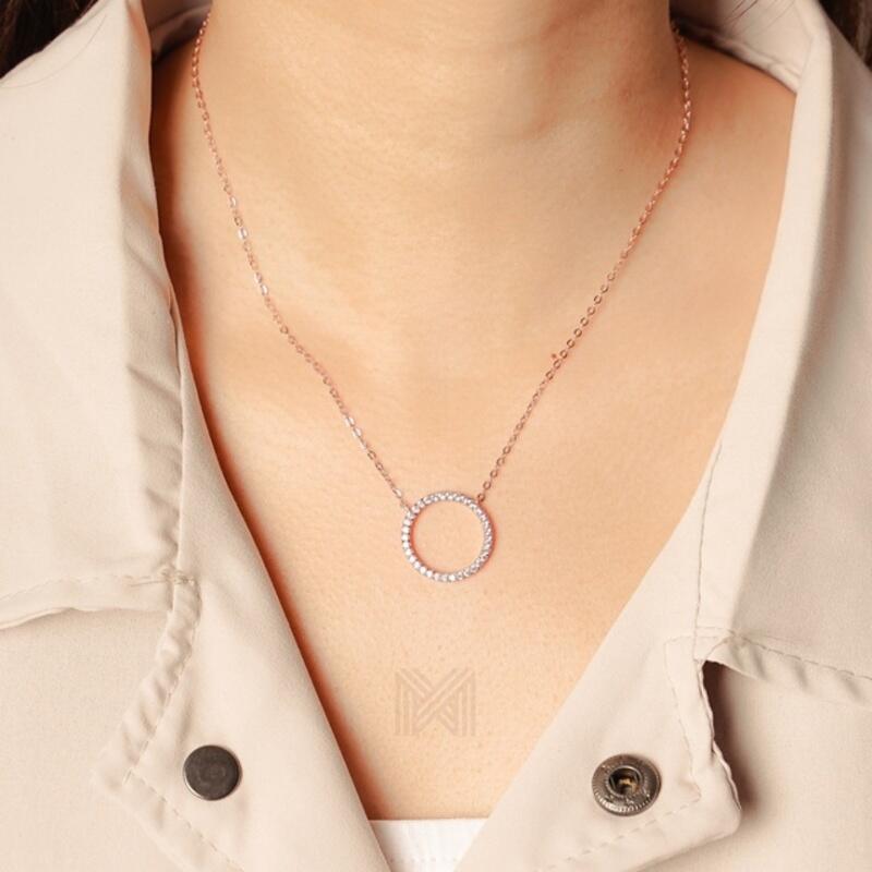 MILLENNE Minimal Circle Studded Cubic Zirconia Rose Gold Necklace with 925 Sterling Silver