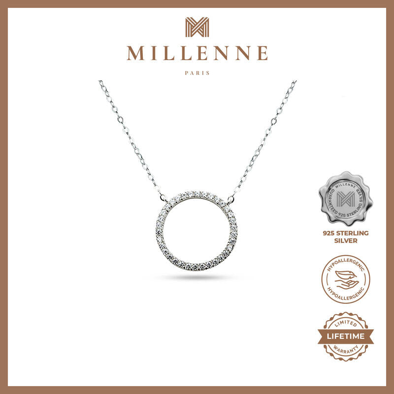 MILLENNE Minimal Circle Studded Cubic Zirconia White Gold Necklace with 925 Sterling Silver