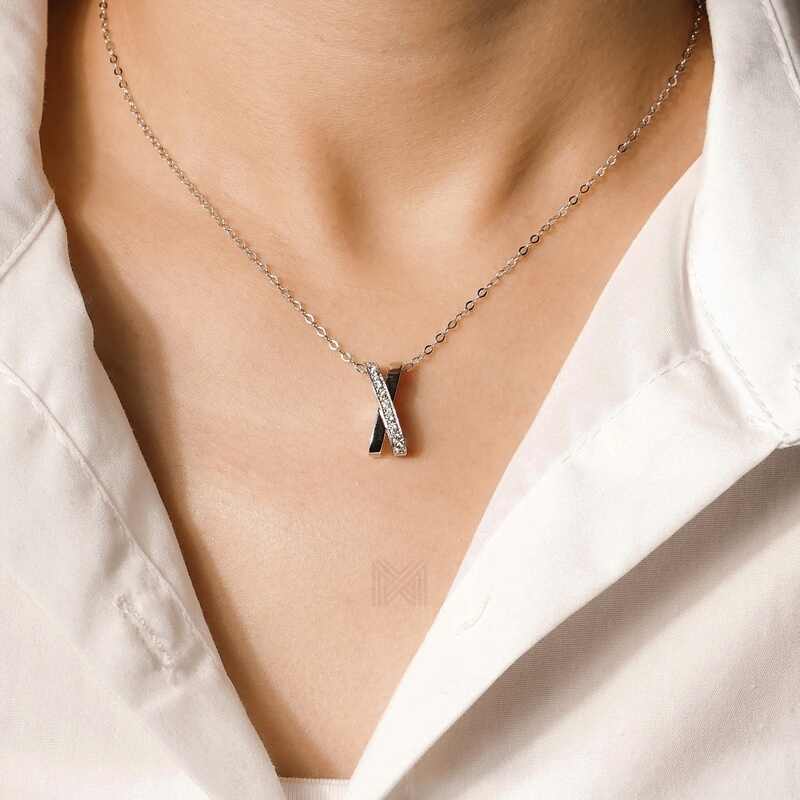 MILLENNE Made For The Night Studded X Cubic Zirconia White Gold Necklace with 925 Sterling Silver