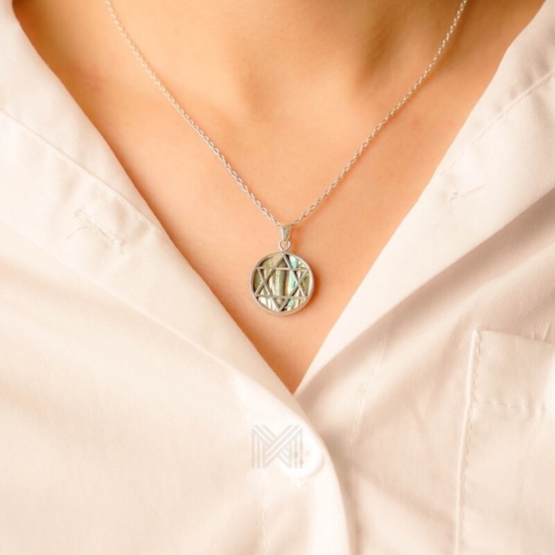 MILLENNE Multifaceted Abalone Shell Star Of David Silver Pendant with 925 Sterling Silver
