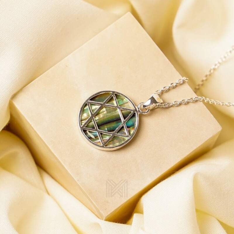 MILLENNE Multifaceted Abalone Shell Star Of David Silver Pendant with 925 Sterling Silver