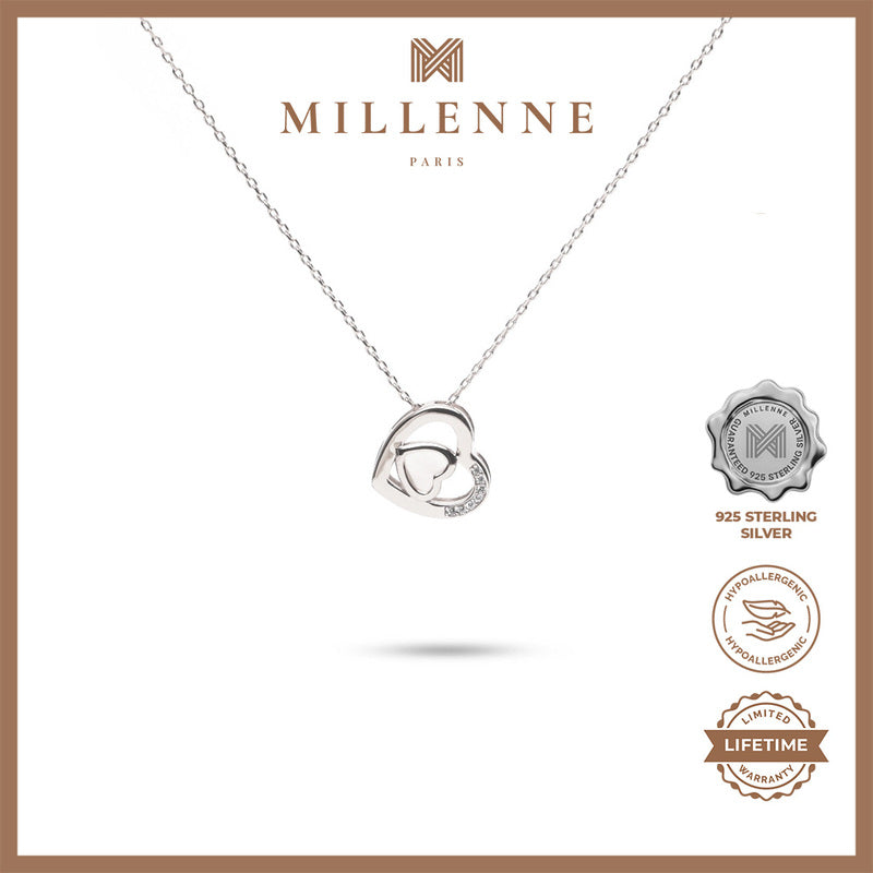 MILLENNE Millennia 2000 Heart Studded Cubic Zirconia White Gold Necklace with 925 Sterling Silver