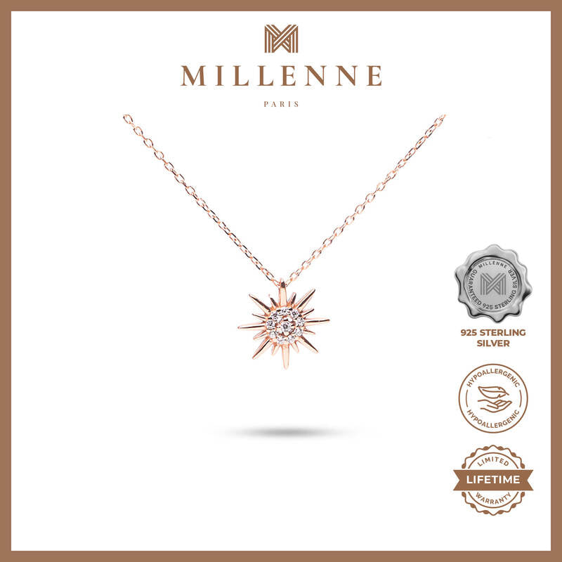 MILLENNE Match The Stars Sun Is A Star Studded Cubic Zirconia Rose Gold Necklace with 925 Sterling Silver