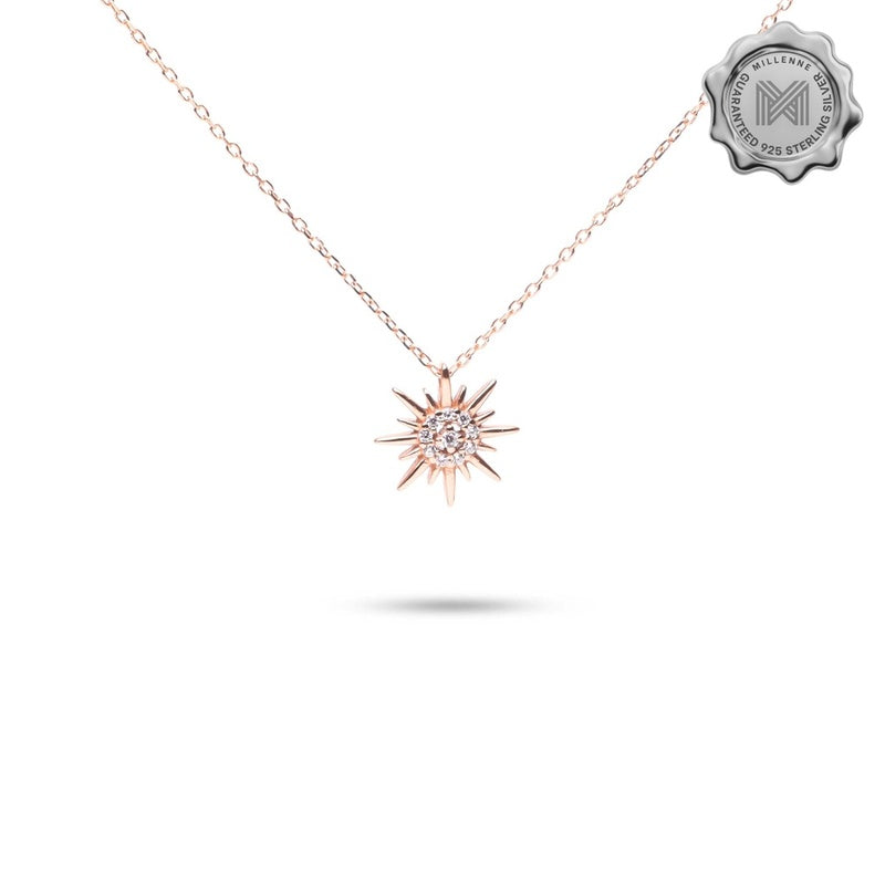 MILLENNE Match The Stars Sun Is A Star Studded Cubic Zirconia Rose Gold Necklace with 925 Sterling Silver