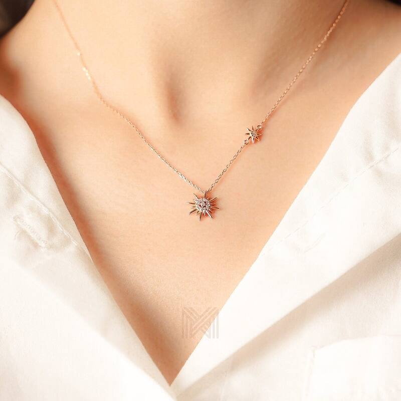 MILLENNE Match The Stars Sun Is A Star Studded Cubic Zirconia Rose Gold Necklace with 925 Sterling Silver