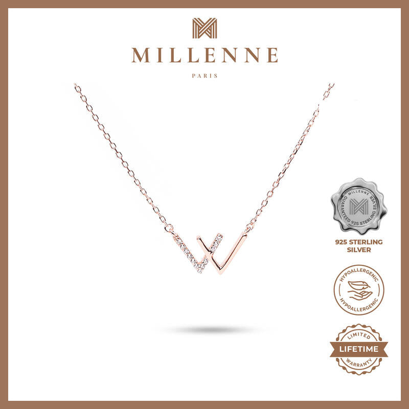 MILLENNE Minimal Studded W Cubic Zirconia Rose Gold Necklace with 925 Sterling Silver