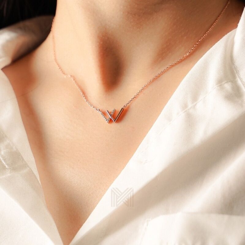 MILLENNE Minimal Studded W Cubic Zirconia Rose Gold Necklace with 925 Sterling Silver