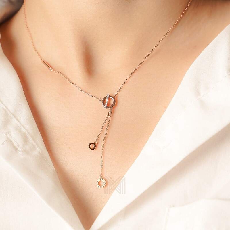 MILLENNE Made For The Night Circle Drop Studded Cubic Zirconia Rose Gold Necklace with 925 Sterling Silver