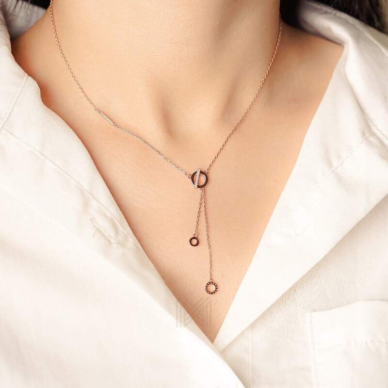 MILLENNE Made For The Night Circle Drop Studded Cubic Zirconia Rose Gold Necklace with 925 Sterling Silver