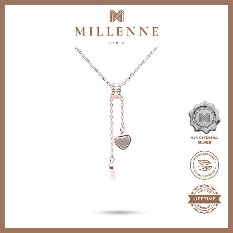 MILLENNE Millennia 2000 Double Heart Mother of Pearls with Cubic Zirconia Rose Gold Necklace with 925 Sterling Silver
