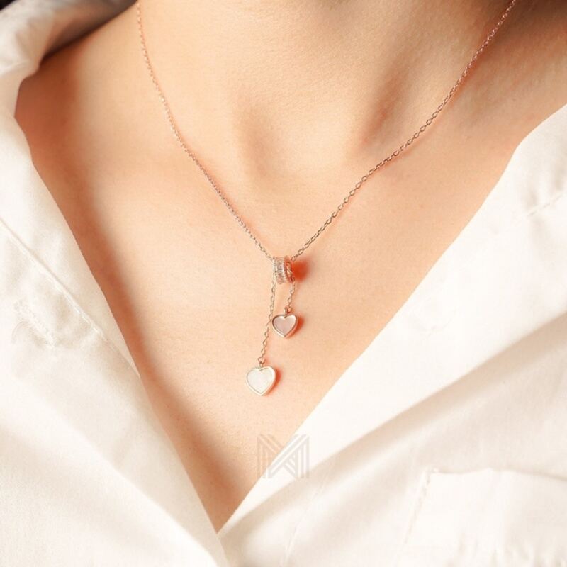 MILLENNE Millennia 2000 Double Heart Mother of Pearls with Cubic Zirconia Rose Gold Necklace with 925 Sterling Silver