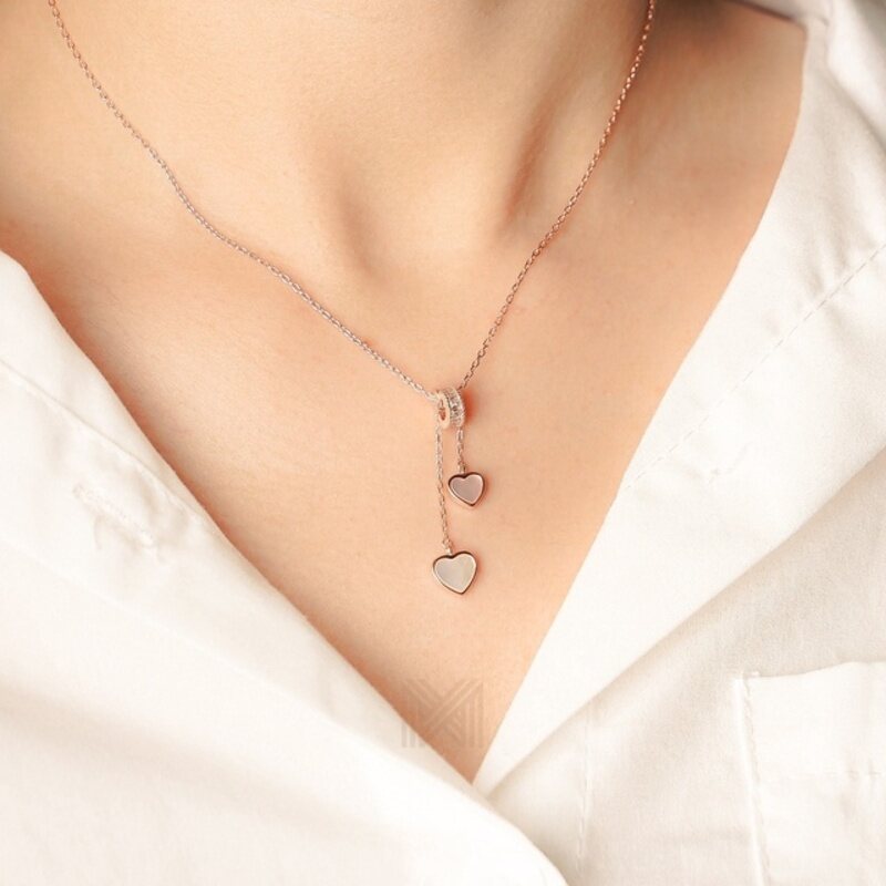 MILLENNE Millennia 2000 Double Heart Mother of Pearls with Cubic Zirconia Rose Gold Necklace with 925 Sterling Silver