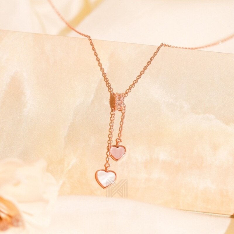 MILLENNE Millennia 2000 Double Heart Mother of Pearls with Cubic Zirconia Rose Gold Necklace with 925 Sterling Silver