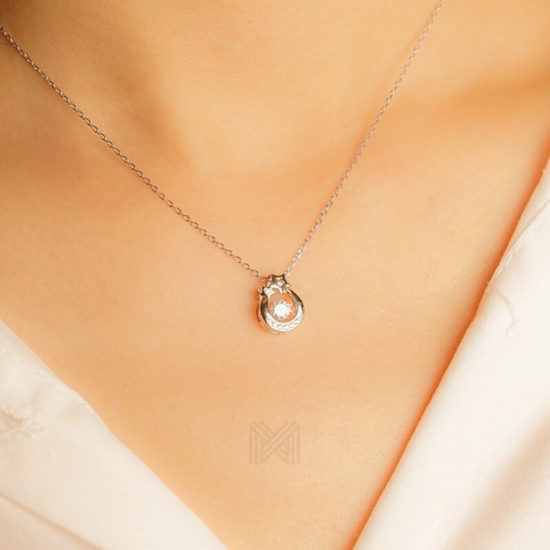 MILLENNE Made For The Night Wishing Star Studded Cubic Zirconia White Gold Necklace with 925 Sterling Silver