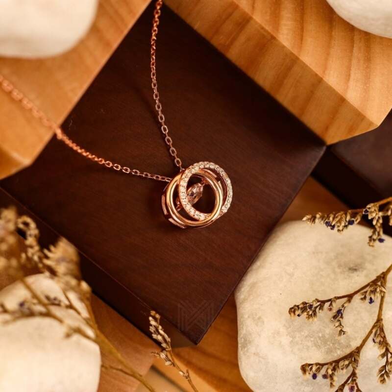 MILLENNE Made For The Night Circle Loop Studded Cubic Zirconia Rose Gold Necklace with 925 Sterling Silver