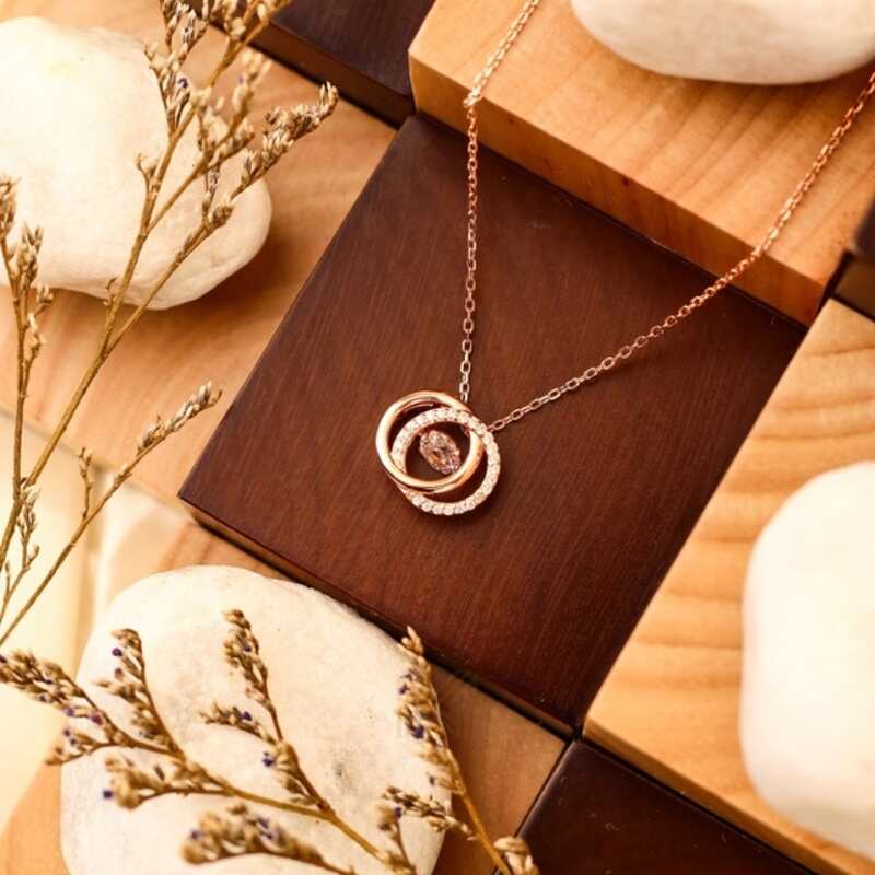 MILLENNE Made For The Night Circle Loop Studded Cubic Zirconia Rose Gold Necklace with 925 Sterling Silver