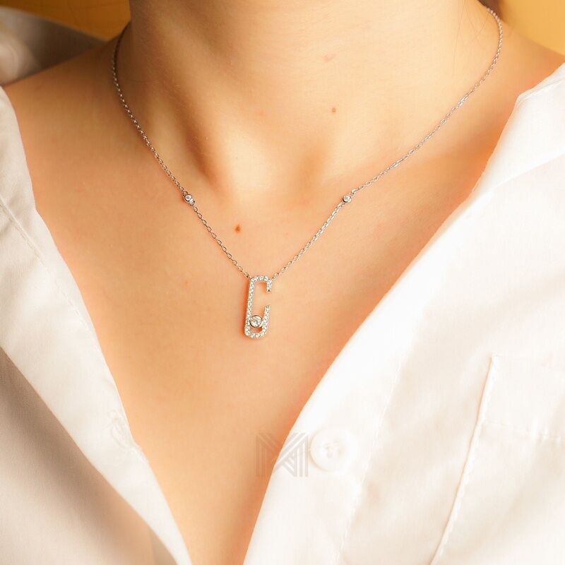 MILLENNE Millennia 2000 Studded Open Oval Cubic Zirconia White Gold Necklace with 925 Sterling Silver