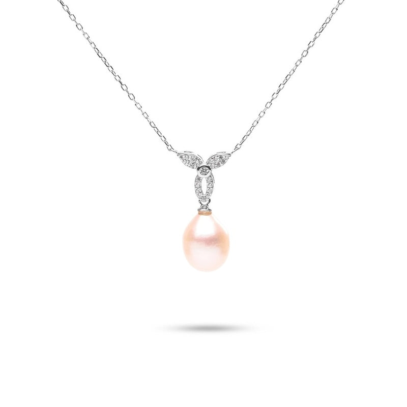 MILLENNE Multifaceted Pearl Drop and Intricate Studded Cubic Zirconia White Gold Necklace with 925 Sterling Silver
