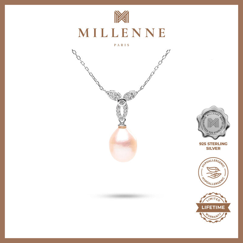 MILLENNE Multifaceted Pearl Drop and Intricate Studded Cubic Zirconia White Gold Necklace with 925 Sterling Silver