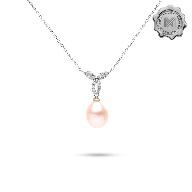 MILLENNE Multifaceted Pearl Drop and Intricate Studded Cubic Zirconia White Gold Necklace with 925 Sterling Silver