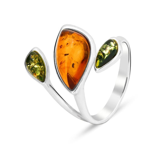 MILLENNE Multifaceted Baltic Amber Triad Silver Adjustable Ring with 925 Sterling Silver