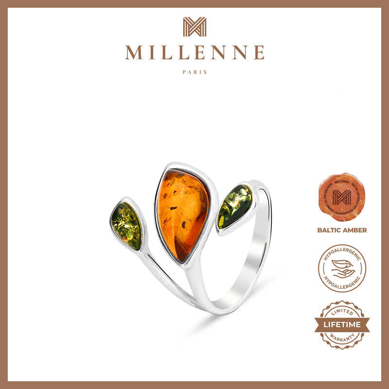 MILLENNE Multifaceted Baltic Amber Triad Silver Adjustable Ring with 925 Sterling Silver