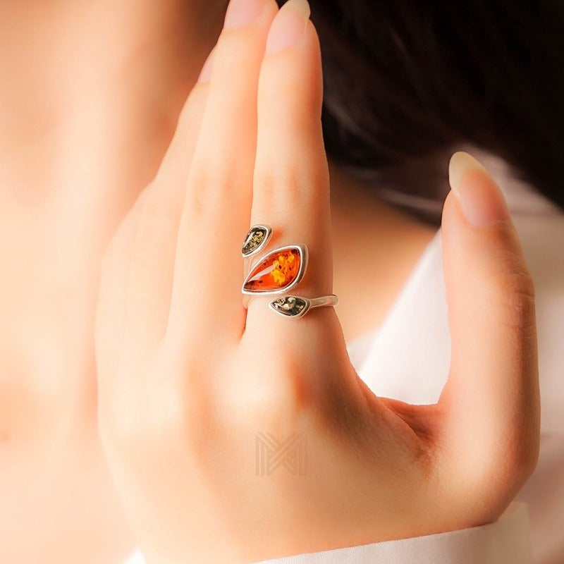 MILLENNE Multifaceted Baltic Amber Triad Silver Adjustable Ring with 925 Sterling Silver