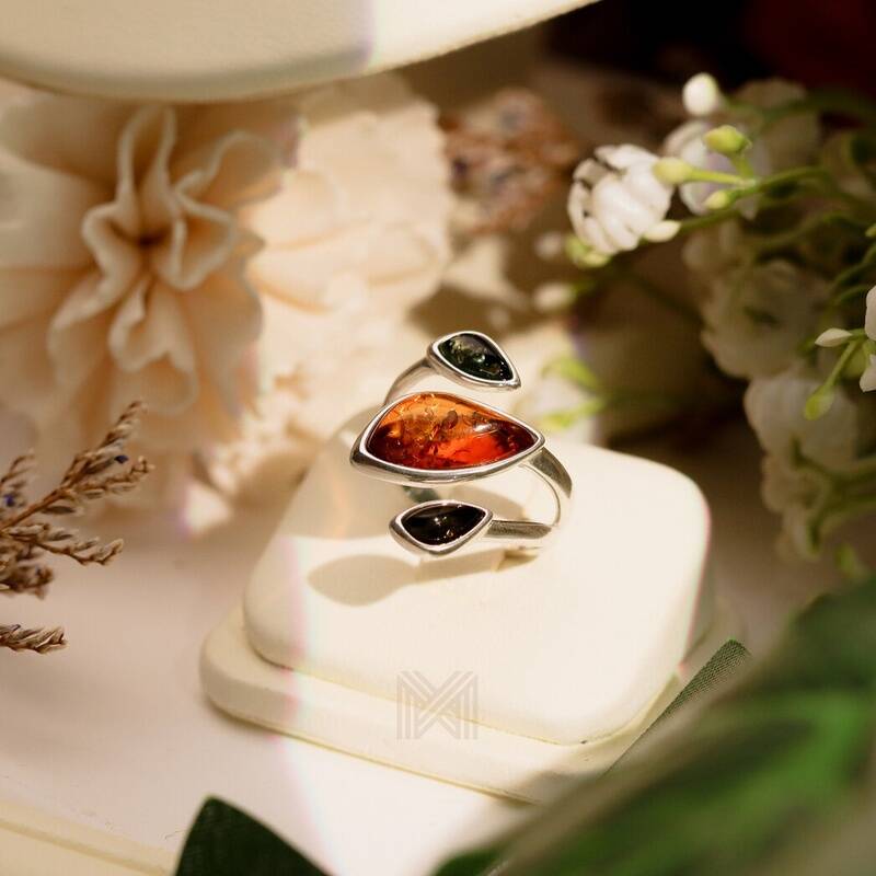 MILLENNE Multifaceted Baltic Amber Triad Silver Adjustable Ring with 925 Sterling Silver