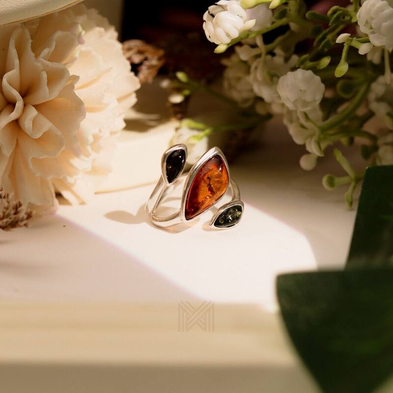 MILLENNE Multifaceted Baltic Amber Triad Silver Adjustable Ring with 925 Sterling Silver