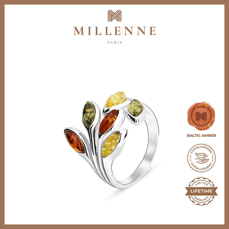 MILLENNE Multifaceted Baltic Amber Branching Leaves Silver Ring with 925 Sterling Silver