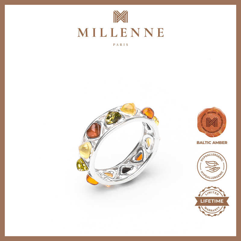 MILLENNE Multifaceted Baltic Amber Multi-Tone Eternity Silver Ring with 925 Sterling Silver