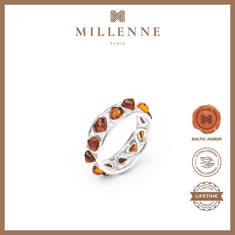 MILLENNE Multifaceted Baltic Amber Monotone Eternity Silver Ring with 925 Sterling Silver