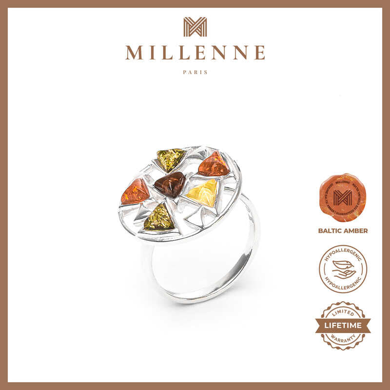 MILLENNE Multifaceted Baltic Amber Multi-Tone Disc Silver Ring with 925 Sterling Silver