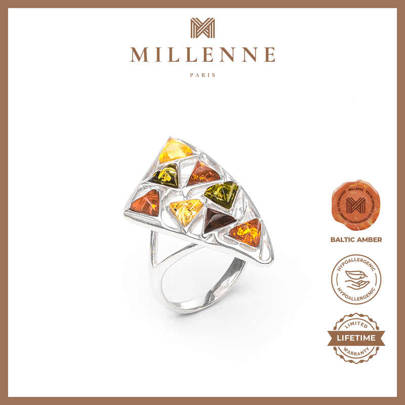 MILLENNE Multifaceted Baltic Amber Multi-Tone Sail Silver Ring with 925 Sterling Silver