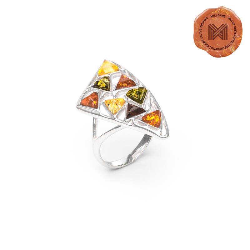 MILLENNE Multifaceted Baltic Amber Multi-Tone Sail Silver Ring with 925 Sterling Silver