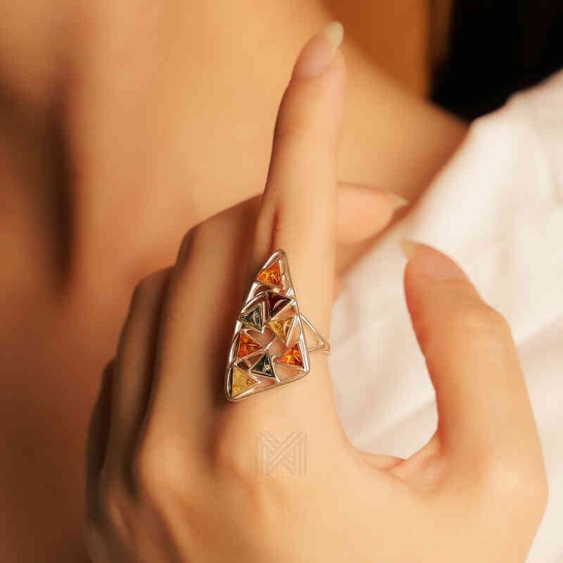 MILLENNE Multifaceted Baltic Amber Multi-Tone Sail Silver Ring with 925 Sterling Silver