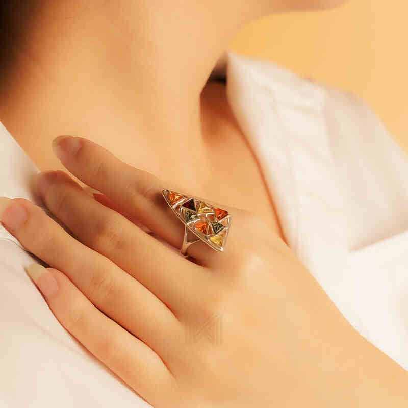 MILLENNE Multifaceted Baltic Amber Multi-Tone Sail Silver Ring with 925 Sterling Silver