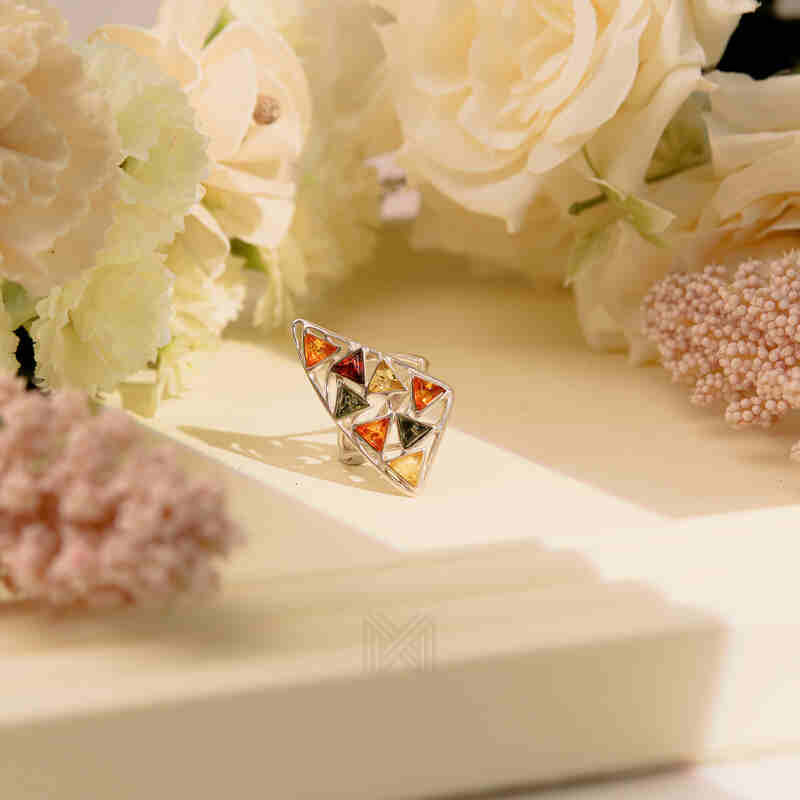 MILLENNE Multifaceted Baltic Amber Multi-Tone Sail Silver Ring with 925 Sterling Silver