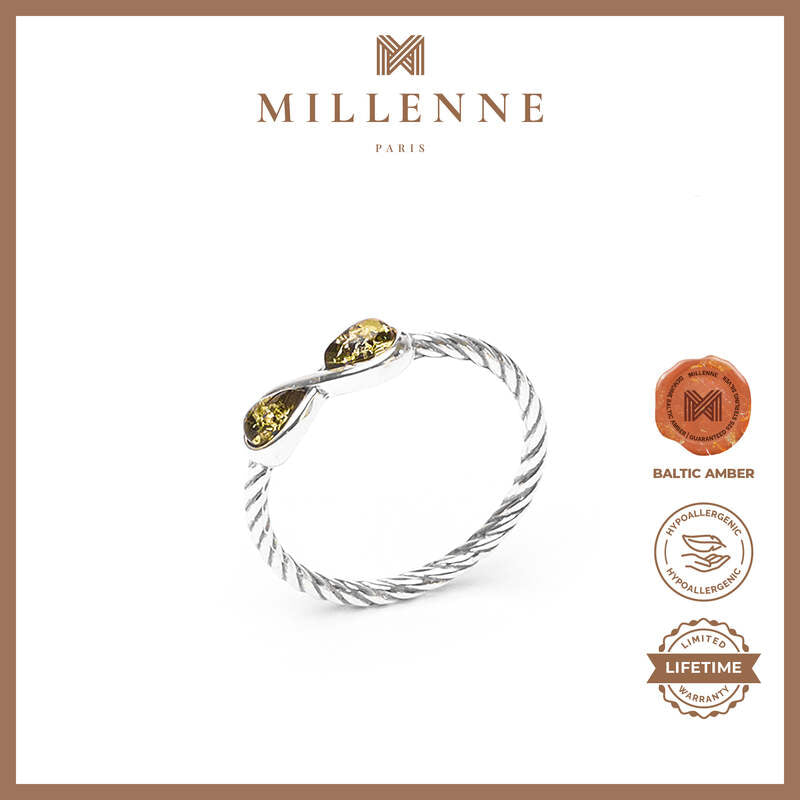 MILLENNE Multifaceted Baltic Amber Green Infinity Silver Ring with 925 Sterling Silver
