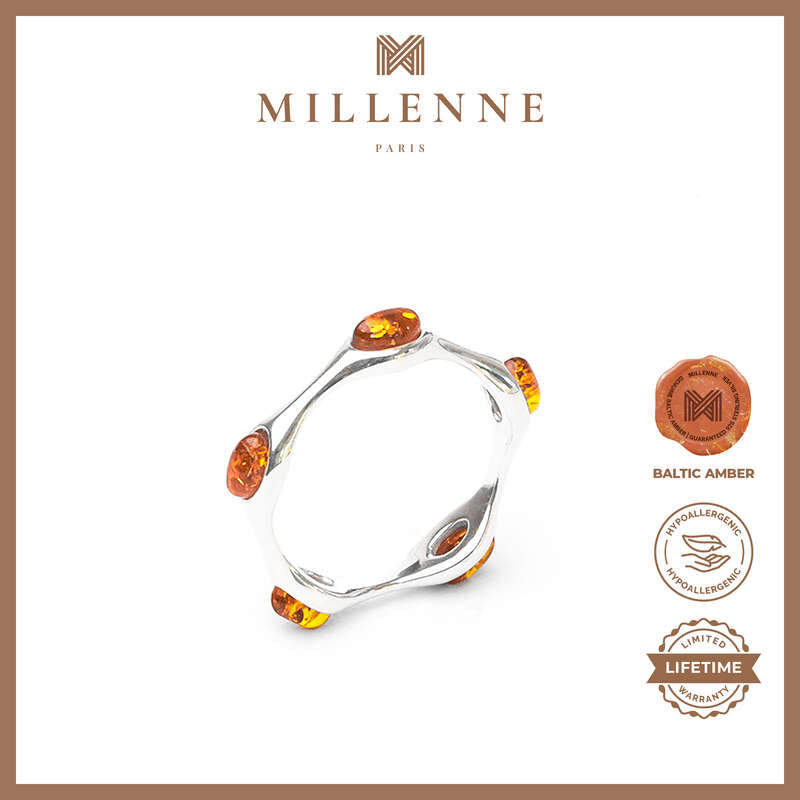 MILLENNE Multifaceted Baltic Amber Monotone Wavy Silver Ring with 925 Sterling Silver