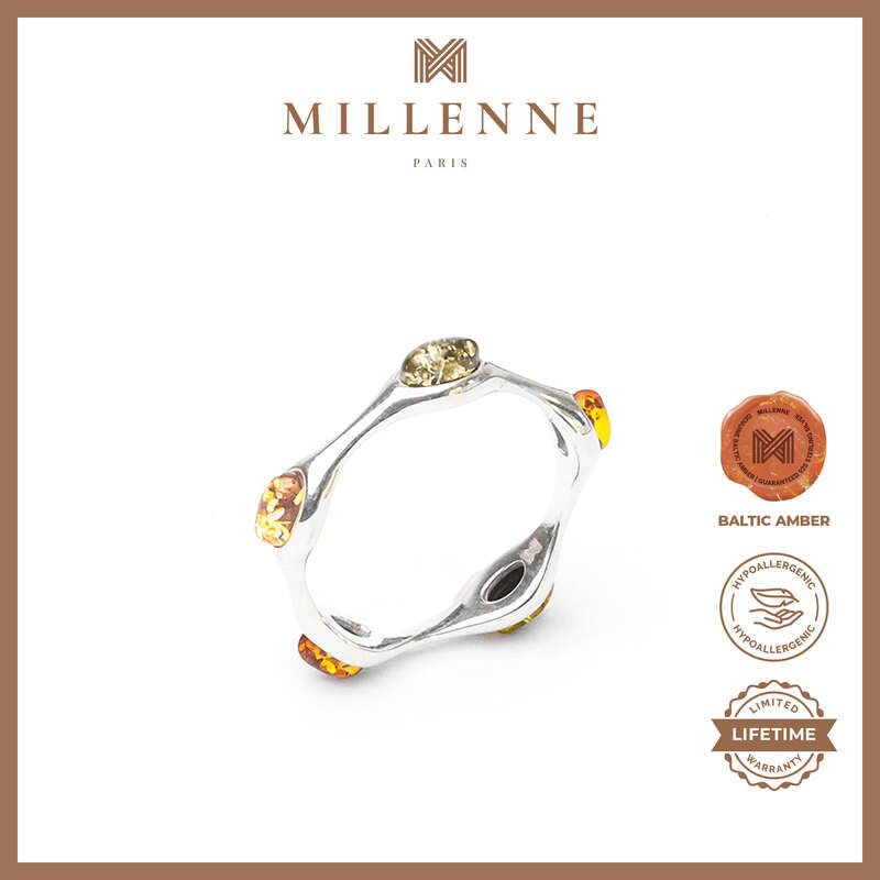 MILLENNE Multifaceted Baltic Amber Multi-Tone Wavy Silver Ring with 925 Sterling Silver