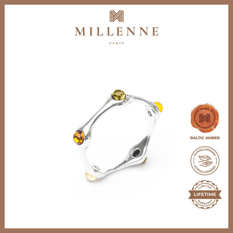 MILLENNE Multifaceted Baltic Amber Multi-Tone Spaced Beads Silver Ring with 925 Sterling Silver
