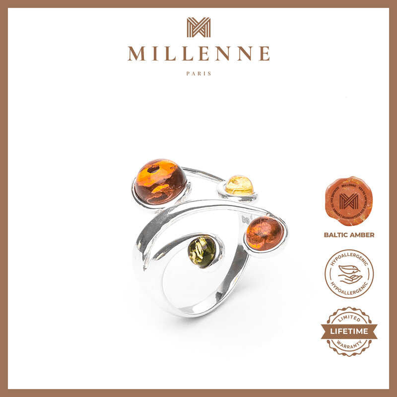 MILLENNE Multifaceted Baltic Amber Multi Globe Silver Ring with 925 Sterling Silver